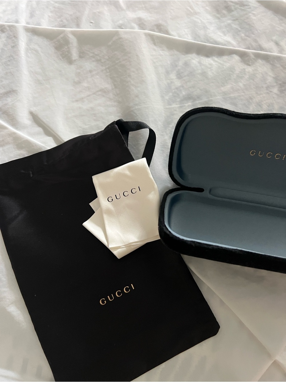 Gucci Black Velvet Sunglass Case with Light Blue Interior and Dust Bag
